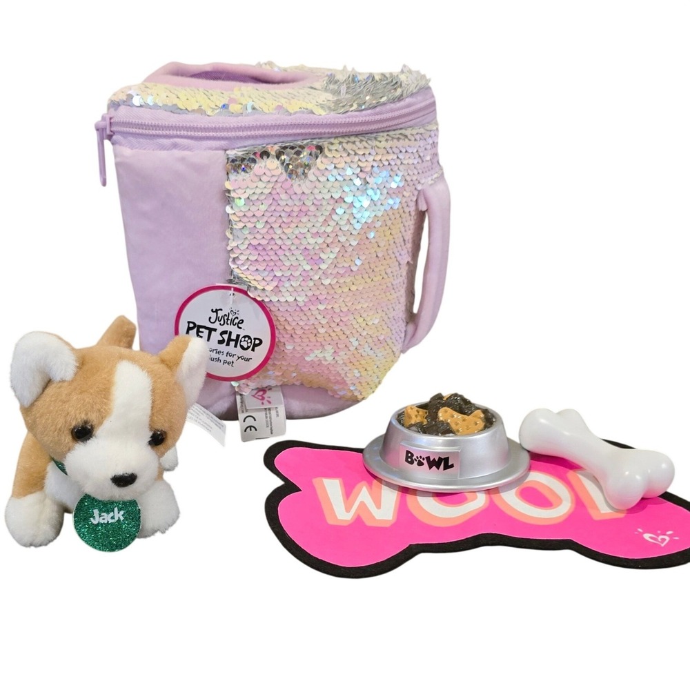 2017 Gund Justice Pet Shop Corgi Jack Plush Dog Sequin Carrier Set Accessories